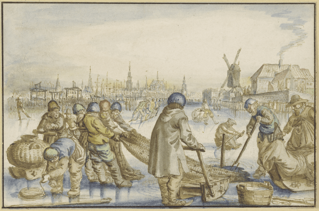 An engraving which has been colored with watercolors, showing a group of fishermen hauling a net on the ice.