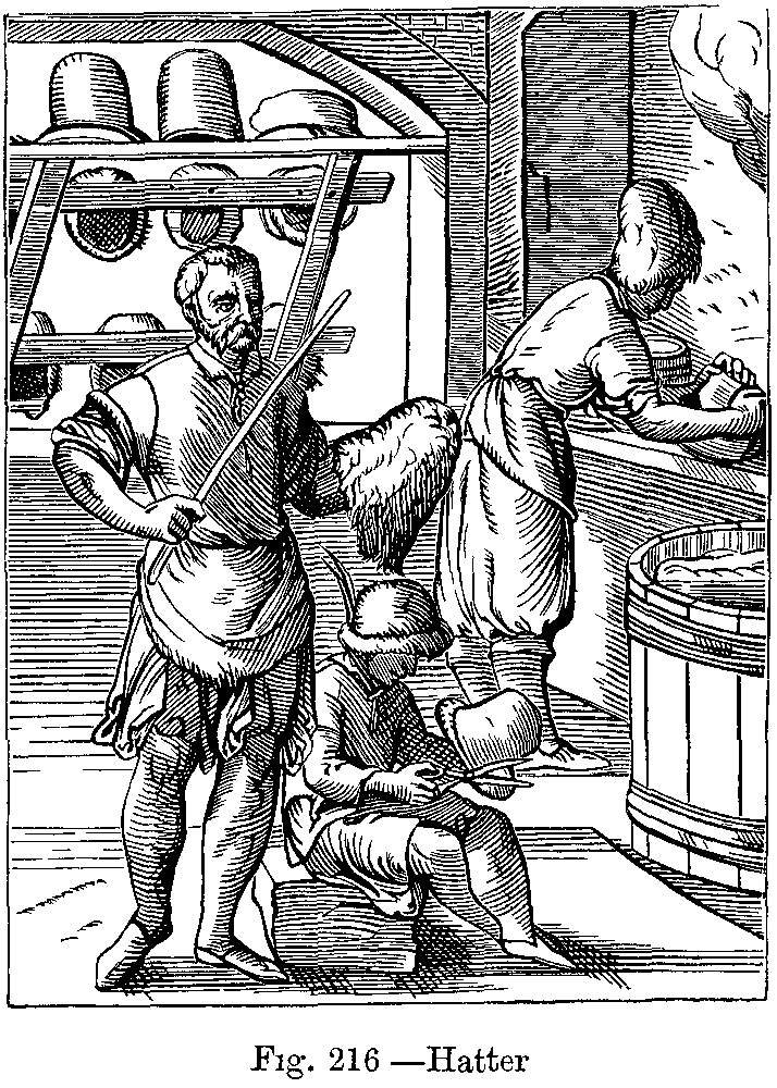 A 16th century engraving of two men and a boy working in a hatter's workshop.